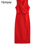 Yipinpay Elegant Women Solid Folds Mid-Calf Dresses 2023 Summer Fashion O-neck Sleeveless Dress Back Zipper Straght Vestidos