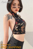 Yipinpay Chinese Qipao Style Sexy Women Cheongsam Halter embroidery Backless Goth Vest top bow knot tied Crop Top Tee