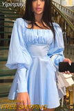 Yipinpay Vintage Elegant Autumn Square Collar Mini Pleated Dress Women Lantern Sleeve Ruched Wrap Chest Short Vestidos A-Line
