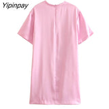 Yipinpay Elegant Women Silk Soft Dresses 2023 New Summer O-neck Sexy Mini Dresses Short Sleev Sheath Folds Vestidos