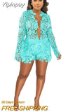 Yipinpay Floral Hollow Out Outfits Two Piece Sets Women V-Neck Long Sleeve Shirts And Hig Waist Shorts Outwear Fashion Shorts Set