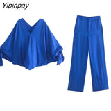 Yipinpay Women's Suit Batwing Sleeve Blouse With High Wasit Pants 2 piece Sets 2023 Womens Outfits Loose Elegant Office Ladies Sets