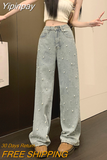 Yipinpay Women High Waisted Wide Leg Mop Pants Pearl Straight Jeans Baggy Pants Y2k Jeans Pantalones De Mujer Femme Vintage New