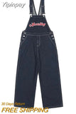 Yipinpay Embroidery Denim Overalls Women Vintage Jean Jumpsuits New High Street Loose Straight Wide Leg Pants