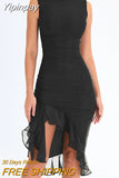 Yipinpay Women Elegant Ruffle Ruched Midi Dress Summer New Backless Sleeveless Irregular  2023 Sexy Chic Club Party Dress Vestidos