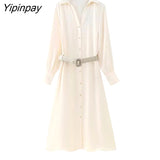 Yipinpay Women Soft Silk Loose Dresses With Belt 2023 Summer Turn Down Collar Long Dresses Sweet Fashion Long Sleeve Vestidos