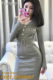 Yipinpay Pink Wrap Hip V Neck Long Sleeve Knitted Dress Women Sashes Slim High Waist Sexy All-match Vestido Mujer Feminino Solid
