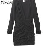 Yipinpay 2023 Summer Women Pleated Dresses Fashion Sheath O-neck Mini Dresses Long Sleeve Sheath Folds Vestidos Two Colors