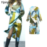 Yipinpay 2023 Women Plaid Mid-Calf Dresses With Slipt Fashion Female O-neck Party Vestidos Long Sleeved Dresses Soft Outwear