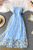Yipinpay Beach Mesh Women Floral Dress Fashion Elegant Sexy Summer Sundress Strappy Dress Party Night Korean Kawaii Vestidos