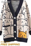 Yipinpay Women Button Down Knit Sweater Fall Long Sleeve V Neck Cartoon Cat Pattern Loose Cardigan Women's Winter Coats 2023