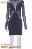 Yipinpay Women Sexy See Through Mesh Patchwork Mini Dress Fashion O Neck Long Sleeve Bodycon Hip Dresses 2023 Street Spice Girls Clubwear