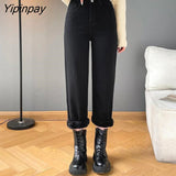 Yipinpay High Waist Thickened Plush Jeans Woman Straight Tube Loose Winter Style Versatile Harun Pants