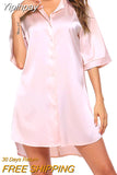 Yipinpay Womens Sleep Tops Underwear Solid Color Sleeping Shirt Half Sleeve Single Breasted Loose Nightshirt for Home Wear Lounge 2023