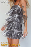 Yipinpay Fashion Womens Summer Casual Sling Dress Silver Sleeveless Backless Sequins Tassel Dress Club Street Style Hot Sale S-XL