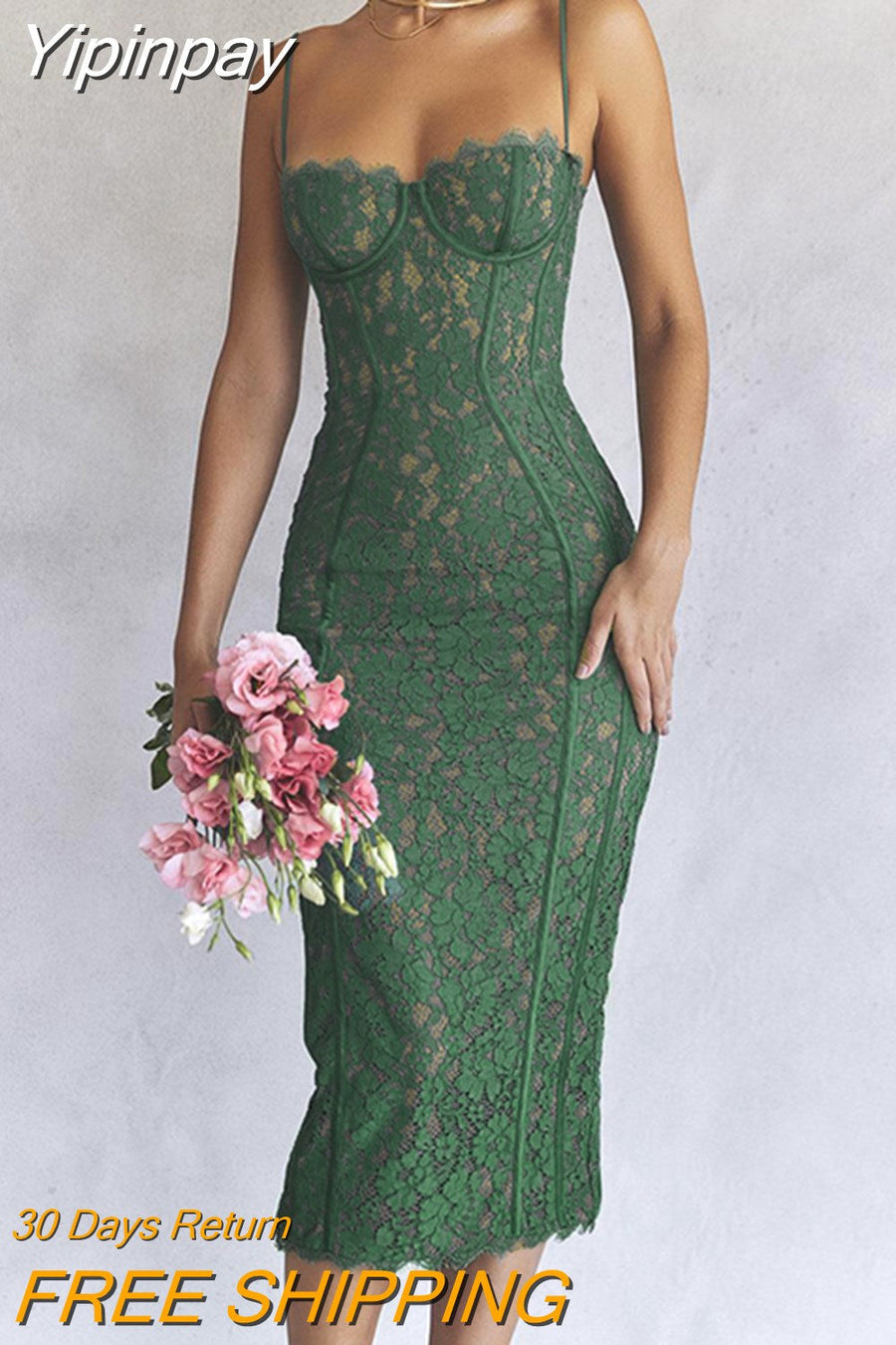 Yipinpay Lace Green Dress Elegant Sexy Night Wedding Guest Evening Party Dresses Spaghetti Strap Birthday Dresses for Women 2023