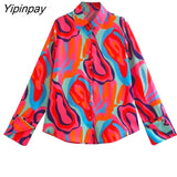 Yipinpay New Summer Elegant 2 Piece Printed Skirt Set Vintage Soft Turn Down Collar Long Sleeve Female Casual Skirt Lady Suit