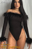 yipinpay 2023 Skinny Long Sleeve Women One Pieces Feathers Patchwork Sexy Club Bodysuit Off Shoulder Fashion Y2K Body Tops Rompers