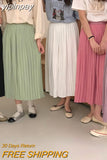 yipinpay Summer Pleated Midi Skirt Women Solid Color Elegant Lining A-line Long Faldas Female Slim Chic Cute High Waist Skirts