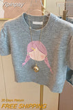 Yipinpay Cartoon Sweaters Jumper Sueter Mujer Y2k Top Slim Crop Puff Short Sleeve Sweater Femme Women Knitted Shirt Pull T-shirts