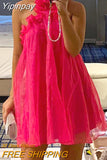 Yipinpay Elegant Frilly Halter Neck Mini Dress Women Off-Shoulder Sleeveless Backless A-Line Short Dress for Party Club Beach