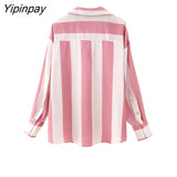 Yipinpay 2023 New Women Thin Striped Blouses Shirt Summer Causal Turn-Down Collar Tops Vintage Single Breasted Loose T-Shirts
