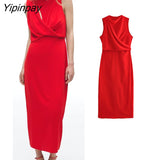 Yipinpay Elegant Women Solid Folds Mid-Calf Dresses 2023 Summer Fashion O-neck Sleeveless Dress Back Zipper Straght Vestidos