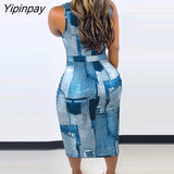 Yipinpay Women Casual Sleeveless Button Decoration with Belt Ripped Patchwork Midi Denim Dress