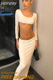 yipinpay Sexy Knitted Skirt Women Two Piece Set Long Sleeve Slim Crop Tops Autumn And Long Wrap Club Skirt High Waist Suit 2023