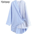Yipinpay Women Asymmetrical Striped Blouses Shirt Spring Causal V-Neck Long Sleeved Patchwork Tops With Lace Fashion T-Shirts