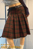 Yipinpay Vintage Red Plaid Skirt Women 2023 Autumn Preppy Style Kpop High Waist A-line Knee Length Pleated Skirt 90s Aesthetic