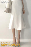 Yipinpay Summer New Korea Chic Temperament Elegant Slim White High Waist Mermaid Skirt Women Office Lady Ruffles Wrap Hip Faldas