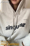 yipinpay Winter Grey Baggy Pullover Fashion Letter Printing Pocket Fleece Thicken Sweatshirt Casual Lazy Raglan Sleeves Hoodie