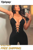 Yipinpay Black V Neck Sexy Jumpsuit Women Hollow Out Backless Skinny Elastic Jumpsuit 2023 Streetwear Femme Casual Romper Overalls