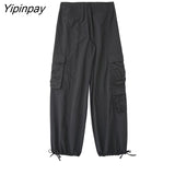 Yipinpay Fashion Women High Waist Cargo Pants 2023 Spring Autumn Elegant Street Zipper Female Solid Long Trousers