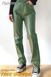 Yipinpay Faux Leather Straight-Leg Pants Fall Winter Fashion Women High Waist Button Up Trousers Solid Color PU Pants Streetwear