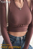 Yipinpay Two Piece Halterneck Knitted Tops Women Casual Solid Color Skinny Crop Tops Long Sleeved T-shirt Female