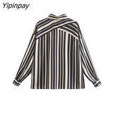 Yipinpay Women Striped Blouses Shirt 2023 Spring Autumn Causal Turn Down Collar Long Sleeved Thin Tops Single Breasted T-Shirts