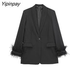 Yipinpay 2023 Women Feather Blazer Jackets Spring Autumn Notched Office Outfits Pockets Coats Single Button Long Sleeve Chic Outwear