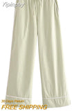 Yipinpay TRAF Fashion Striped Women's Pants 2023 Summer Wide Leg Pants Women Casual Loose Trousers Ladies Low Waist Lace Up Pant