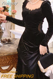 Yipinpay Vintage Balck Long Sleeve Dress Woman Elegant Fashion Velvet Midi Dress Korean Style Even Party Dress Casual 2023 Spring