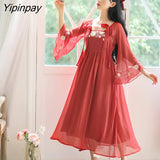 Yipinpay Autumn Women Dress Vintage High waist Chiffon Chinese style Embroidery flare sleeve Retro Sweet Female dresses 2023 HOT