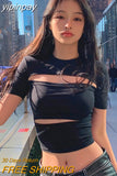 yipinpay Crop Top Short Sleeve T Shirt Women Cut Out Top Y2k Streetwear Solid Color Irregular Hollow Out Knitted Top Women Clothing