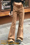 Yipinpay Hop High Waist Jeans Women Brown Vintage Denim Jeans Female Long Flared Jeans Belt Streetwear Bell Bottom Jeans Woman