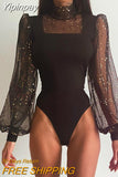 Yipinpay Women Chic Solid  Casual Sequin Lantern Sleeve High neck Sexy Bodycon Black Bodysuits