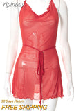 Yipinpay Sexy Backless Suspender Mini Beach Dress Summer Women Swimsuit Cover-ups See-through Sleeveless Halter Tie Up Dresses