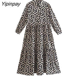 Yipinpay New Women Summer Print Dress Vintage Female Party Mid-Calf Geometric Loose Vestidos Half Sleeve High Waist Vestidos Mujer
