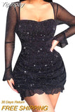 Yipinpay Glitter Mesh Splice Ruffle Hem Mini Dress Sexy Square Collar Flare Sleeves Slim Dresses 2023 Party Club Ladies Dresswear