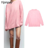 Yipinpay Fashion Solid Pink Knitted Sweater 2023 Spring Autumn Long Sleeve O-neck Pullover Tops Oversize Soft Casual Streetwear