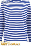 Yipinpay Classic Women Stripe Tee Shirt Casual Print Oversized Knitted Top O-Neck Long Sleeve Tops And Blouse Fashion T-shirt